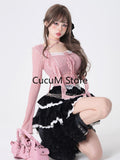 Autumn Kawaii Lolita Clothing Suit Woman Casual Crop Tops + Slim Black Mini Skirt Lace Cake Skirt Japanese Fashion Set-Outfit