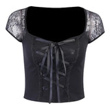Sexy Street Lace Stitching Square Collar Short-Sleeved Blouse Female Corns Strapped To Show Slim Women's Wear-Outfit