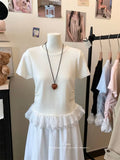 Fongt Lace Spliced Under Hem Short Sleeve Lace T-Shirt Summer New Slim White Collar Showing Thin Bottom