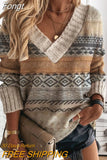 Women Elegant Patchwork Print Knit Sweater 2023 Autumn Sexy V-Neck Long Sleeve Pullover Tops Ladies Winter Casual Loose