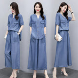 Fongt Cowboy Broad Leg Pants Set Summer Large Size Cover Thin Mother Casual Loose Ocean To Lose Age Thin Two