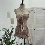 Real Shooting 2025 Spring And Summer New With Chest Cushions Dyed Mesh Sling Sling Vest Irregular Lotus Leaf Side Top