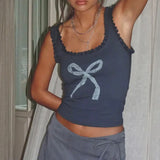 Girls Sexy Lace U-Collar Bow Printed Shoulder Strap Vest 2024 Tight And Thin Inner Halter Top-Outfit