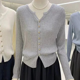 Gentle Style Sweater Spring And Autumn New Solid Color Gold Button V Neckline Sweater Cardigan Short Outer Coat-Outfit