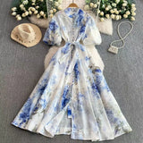 Fongt Retro-Print Collar Bubble-Sleeved Dress Women's Summer Straps To The Waists To Show A Thin Swollen Dress