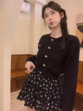 Sweet O-neck Long Sleeve Knitted Cardigan+ Y2k E-Girl High Waist Flower Print Ruched Skirts Spring New Two Piece Sets-Outfit