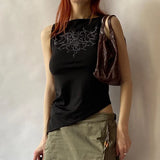 Dark Punk Aesthetic Emo Print Mall Gothic Tank Tops For Women Retro Y2k Grunge Black Slim Crop Top Irregular Hem