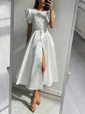 Women's Summer Dress with Botton White Elegant Office Ladies Split Short Sleeve A-Line Chic Holiday Party Maxi Dresses for Women-Outfit