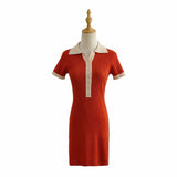 Knit Short-sleeved Orange Tight-fitting Hip Chic Female Dress Sexy Lapel Short Sleeve Western Women's
