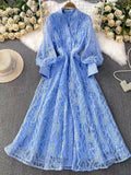Fongt Retro Elegant Dress Woman 2025 New High-End Collar Single Buckle Waist Embroidery Mesh Dress