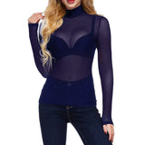 Fongt Elastic Tight Perspective Sexy Mesh Bottom Shirt Transparent Long Sleeve T-Shirt Women's Lace