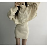 Fongt Autumn And Winter French Gentle Hemp High-Necked Short Sweater + Knitted Skirt Woman