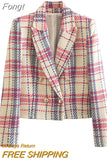 Tweed Woolen Jacket Ultrashort Suit Coat Women Spring Autumn High-waist Plaid Blazers Feminine Slim Casual Tops