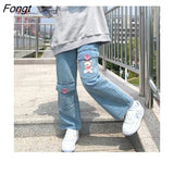 Kawaii Harajuku Jeans Women Embroidery Japan Preppy Style Denim Pants Sweet Cute Trousers Loose Baggy Student