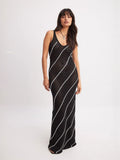 Fongt Women's Fashion Elegant Crochet Sling Dress V-Neck Striped Sexy Wisted Dress