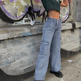 Pockets Patchwork High Waist Jeans Women Streetwear Straight Jean Femme Blue 100% Cotton Cargo