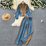 Fongt Suit Women's Port Wind Casual Colliding Color Splicing Collar Zipper Fake Two-Piece High-Waisted Cowboy Broad Leg Trousers