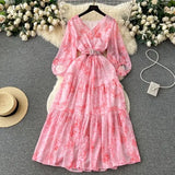 Fongt Retro Floral Dress Women's Spring And Summer Lantern Sleeve Design Sense Small Thousand Gold Princess Temperament Swing Holiday