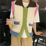 New 2022 Korean Fashion Elegant Retro Color Blocking Chic Waistcoat Women Autumn Winter Lady Sweater Vests