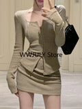 Autumn Sexy 2 Piece Dress Set Elegan Casual Long Sleeve Knitted Suits Y2k Crop Tops + Bodycon High Waist Mini Skirt Korean-Outfit