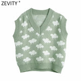 Women Fashion V Neck Cloud Pattern Knitting Sweater Female Sleeveless Casual Slim Vest Chic Leisure Pullovers Tops