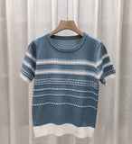 Fongt Version Of Chic Summer Small Casual Round-Coln Color Three-Dimensional Stripe Design Sense Loose Short-Sleeved Knitted T-Shirt