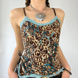 Fongt Dopamine Lace Spliced Leopard Print Sling Vest Women's Side Slit Closed Waist Strap Bottom Top-Outfit