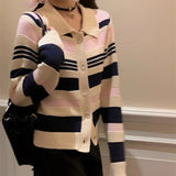 Fongt Autumn Winter New Korean Version Bump Color Lapel Stripe Sweater Female Loose And Sweet Reduce Age Gentle Wind Knit Cardigan-Outfit