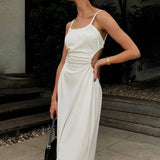 Fongt 2025 Summer New Women's Waist Folding Back Sling Dress Women
