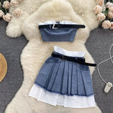 Fongt Girl Vintage Tooling Style Suit Female Design Sense Minority Strapless Vest High Waist Pleated Skirt Denim Two-Piece Set-Outfit