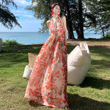 Fongt Photo Summer Embroidered Red Lily Flower Wings Hanging Neck Back Dress Dress-Outfit