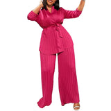Fongt Women's Solid Color Pressure Folded Loose Long Sleeves Tying Shirt Trousers Two-Set Set
