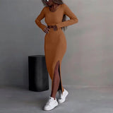 Fongt And Winter 2025 New Women's Pure Color Knitted Round Collar Collar Collar Long Sleeve Open Fork Dress Two Sets Of Women