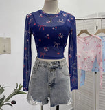 Real Shooting Bow Print Bare Back Net Yarn Sunscreen Long-Sleeved T-Shirt Hottie With Chest Pads Two Short Tops