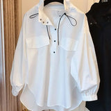 Autumn Stand Collar Blouse Commute Korean Loose Female Clothing Stylish Button Drawstring Basic Casual Long Sleeve Shirt-Outfit