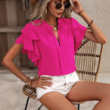Fongt Women's Summer New V-Neck Casual Double-Layer Lotus Leaf Sleeve Solid Shirt Top