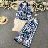 Fongt Fashion Positioning Print Strapping Belt Collar Long Sleeve Top Female High-Waist Broad Leg Straight Trousers Set