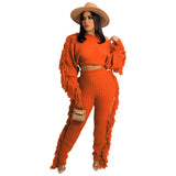 Fongt New Women's Wear Casual Solid Color Knit Long Sleeve Tassel Suit-Outfit