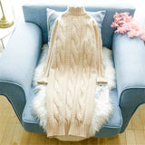 Turtleneck Twist Knitting Dresses Women Warm Candy Color Rib Knited Pullover Dress Elegant Chic Solid Sweater