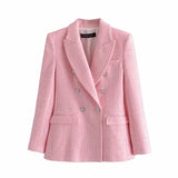 Women Fashion Double Breasted Tweed Check Blazers Coat Vintage Long Sleeve Female Outerwear And High Waist Short