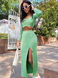 Knit Two Piece Women Sets O Neck Slim Top Ankle Length Side Split Skirt Streetwear Fall Lady Elegant Sexy Skirt
