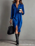 Fongt Women's Elegant Workwear Style Pocket Button Velvet Shirt Dress Dress
