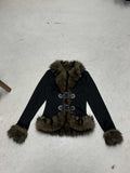 Fongt Autumn New Street Style Y2K Retro Wool Collar Splicing Leather Buckle Waist Jacket Casual Top