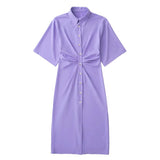 2022 Short Sleeve Summer New Women Fold Mini Dress Retro Slim Elastic Button Pleated Shirt Lapel