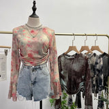 Fongt Not Sultry Hot Tie Dye Net Yarn Long-Sleeved T-Shirt Drawstring Tethered With Short-Sized T-Shirt Horn Sleeve Top 8929