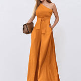 Fongt Women's Dress 2025 New Solid Color Collared Shoulder Tie With High-Waisted Broad-Legged Jumpsuit Woman