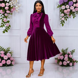 Fongt Style Purple Velvet Party Party Temperament Dress Wooden Ear Splicing Long Sleeves To Close The Waist A Dress Dress