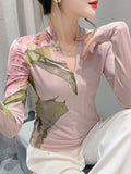 Autumn Fashion Bronzing T-shirt Women Located Printing Big Flowers Slim TShirts Female High Stretch Top HF8730-Outfit
