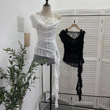 Fongt Shooting Lace Splicing Collar Hanging Neck-Sleet T-Shirt Woman Xia Repair Short Irregular Drifting Clothes 9580