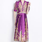 Fongt Court Style Dress Women's Early Spring New Bubble Sleeve Retro Print High-End Swing Dress Dress